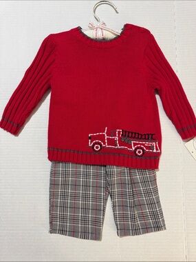 Red Knit Fire Truck Sweater with Plaid pants 3-6 mo NWT (169)